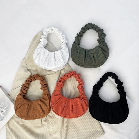 Bolso de Hombro de Pana Fruncido Vintage para Mujer Bolso de Axila Plisado de Moda Bolso de Mano de Nube Casual Color Sólido