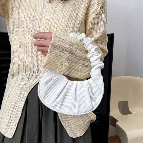 Bolso de Hombro de Pana Fruncido Vintage para Mujer Bolso de Axila Plisado de Moda Bolso de Mano de Nube Casual Color Sólido
