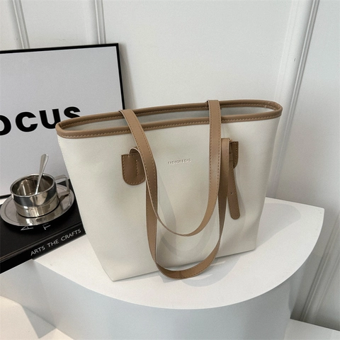 Women Fashion PU Leather Large Capacity Tote Bag Casual Shoulder Underarm Bag Simple Commuter Handbag Solid Color Purse