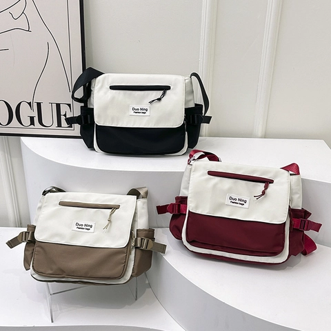 Sac Bandoulière en Toile Bloc de Couleur pour Femmes Étudiantes Grande Capacité Sac d'École Quotidien Décontracté Crossbody