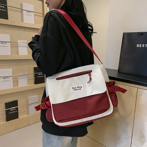 Sac Bandoulière en Toile Bloc de Couleur pour Femmes Étudiantes Grande Capacité Sac d'École Quotidien Décontracté Crossbody