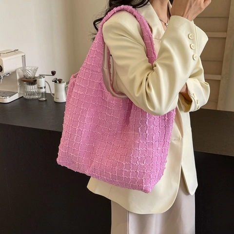 Women Pleated Bubble Tote Bag Large Capacity Solid Color Fabric Shoulder Bag Casual Korean Style Shopping Bag Handbag