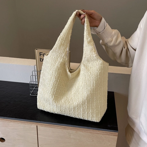 Women Pleated Bubble Tote Bag Large Capacity Solid Color Fabric Shoulder Bag Casual Korean Style Shopping Bag Handbag