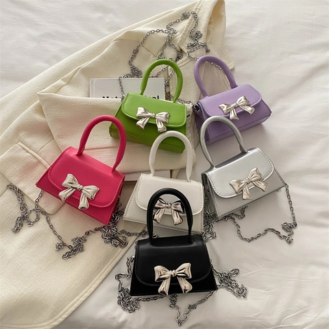 Borsa a Tracolla Mini Fiocco Moda Donna Carina in Pelle PU Borsa a Mano Piccola Quadrata Colore Caramella Con Catena