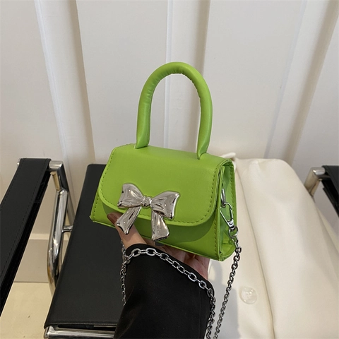 Borsa a Tracolla Mini Fiocco Moda Donna Carina in Pelle PU Borsa a Mano Piccola Quadrata Colore Caramella Con Catena