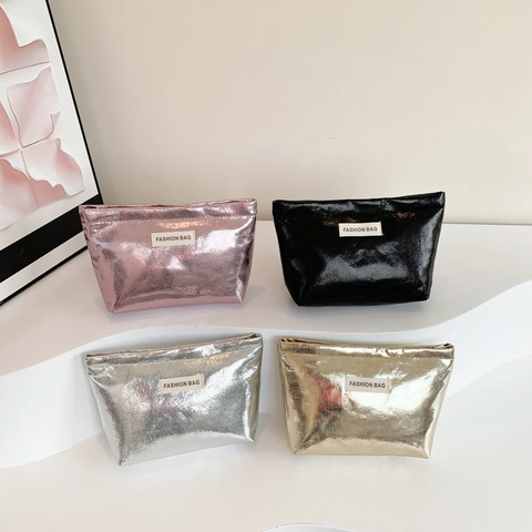 Metallic PU Leather Makeup Bag Large Capacity Travel Cosmetic Organizer Fashion Handbag For Women Portable Toiletry Pouch