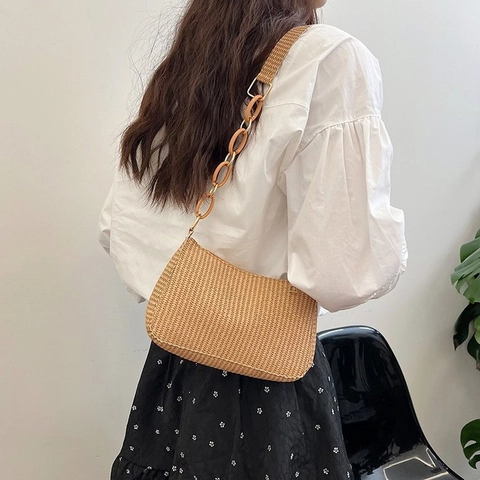 Damen Retro Gewebte Schultertasche Einfache Lässige Achseltasche Crescent Tasche Mit Kettendekoration Mode Pendler Handtasche