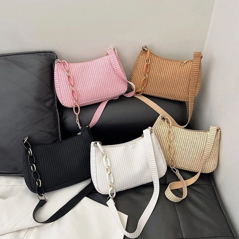 Damen Retro Gewebte Schultertasche Einfache Lässige Achseltasche Crescent Tasche Mit Kettendekoration Mode Pendler Handtasche