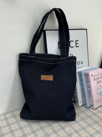 Sac Cabas en Toile de Denim pour Femmes Grande Capacité Coutures Contrastées Sac à Main Épaule pour École Quotidien Style Rétro Simple