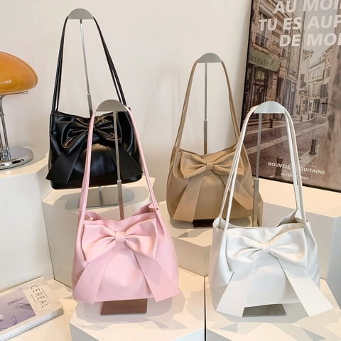 Bolso Tote de Lazo Grande de Estilo Japonés para Mujer Cuero PU Elegante Bolso de Hombro Chic Simple Bolso de Axila Moda
