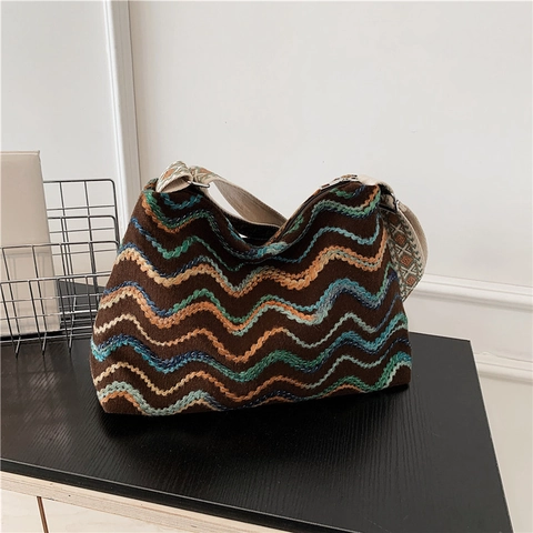 Sac Cabas en Maille de Toile à Motif de Vagues Bohème pour Femmes Bandoulière Large Vintage Sac à Épaule Décontracté