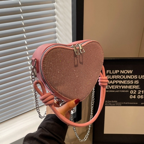 Herzförmige Pailletten Umhängetasche Für Damen PU Leder Kette Schultertasche Mit Geknotetem Griff Glänzende Mode Abendhandtasche