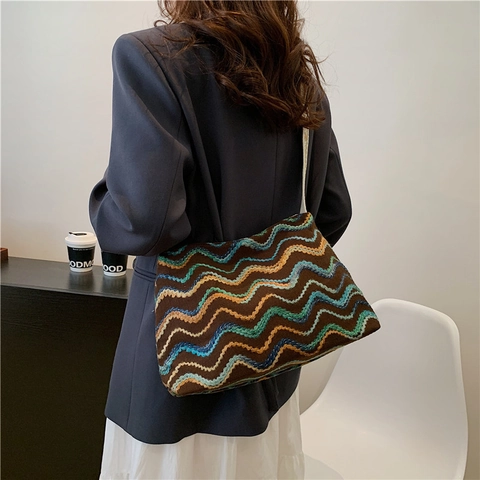 Sac Cabas en Maille de Toile à Motif de Vagues Bohème pour Femmes Bandoulière Large Vintage Sac à Épaule Décontracté