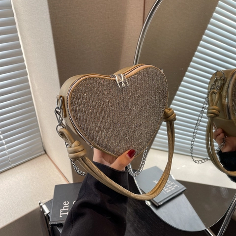 Herzförmige Pailletten Umhängetasche Für Damen PU Leder Kette Schultertasche Mit Geknotetem Griff Glänzende Mode Abendhandtasche