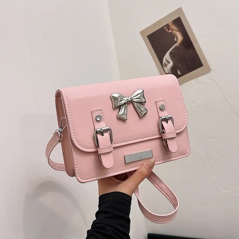 Bolso Bandolera Sencillo Con Lazo de Color en Contraste para Mujer 2024 Moda Estilo Académico Cuero PU Bolso Cuadrado Pequeño