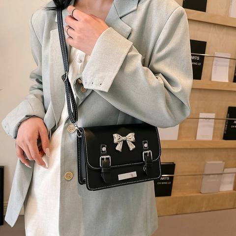 Bolso Bandolera Sencillo Con Lazo de Color en Contraste para Mujer 2024 Moda Estilo Académico Cuero PU Bolso Cuadrado Pequeño