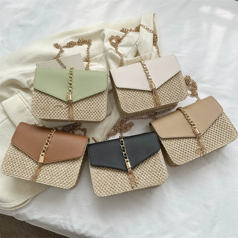 Damen Strohgeflecht Schultertasche PU Patchwork Quasten Dekor Kleine Quadratische Box Umhängetasche Sommer Strand Reise Geldbörse