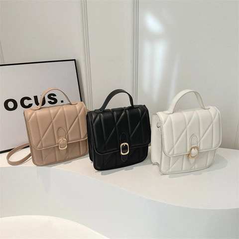 Vintage Quilted PU Leather Shoulder Bag For Women Fashion Top Handle Crossbody Bag Gold Buckle Small Square Backpack Tote