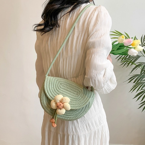 Handgefertigte Blume Baumwollseil Gewebte Umhängetasche Muschelform Crossbody Damen Sommer Strand Lässig Reise Urlaub Tasche