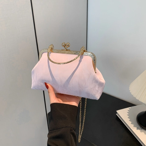 Damen Vintage Falten PU Leder Schultertasche Mit Metallgriff Goldkette Umhängetasche Elegante Kiss Lock Abendclutch Tasche