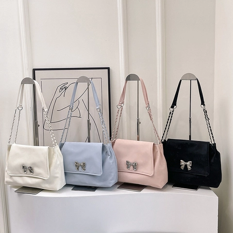 Elegant PU Leather Shoulder Bag For Women Sweet Bow Decoration Underarm Bag Large Capacity Chain Commuter Daily Fashion Bag