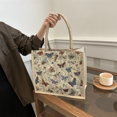 Bolso Tote de Lino con Estampado de Mariposa Vintage para Mujer Bolso de Hombro de Lona Retro Bolso de Gran Capacidad para Diario