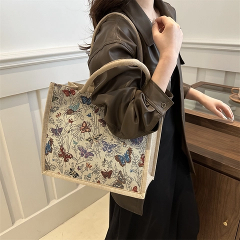 Bolso Tote de Lino con Estampado de Mariposa Vintage para Mujer Bolso de Hombro de Lona Retro Bolso de Gran Capacidad para Diario