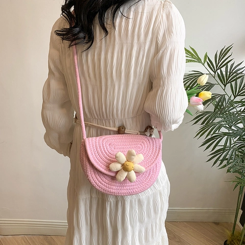 Damen Sommer Gewebt Schultertasche Handgemachte Gänseblümchen Smiley Blume Satteltasche Strandtasche Urlaub Crossbody Bag