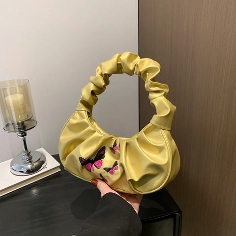 Borsa a Tracolla da Donna Plissettata con Stampa Farfalla Y2K in Pelle PU Arricciata Borsa Sottobraccio Cloud Casual Streetwear