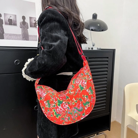 Borsa a Spalla da Donna Grande Capacità in Tela con Stampa Floreale Peonia Stile Etnico Retro Hobo Borsa per Uso Quotidiano