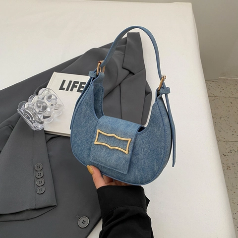 Minimalist Women PU Leather Crescent Shoulder Bag Simple Denim Texture Underarm Bag With Gold Buckle Fashion Hobo Bag