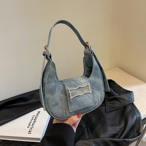 Women Fashion Crescent Underarm Bag Vintage PU Leather Denim Texture Shoulder Bag With Gold Metal Buckle Adjustable Strap