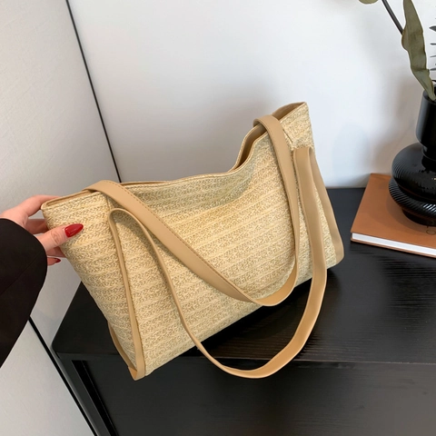 Sommer Stroh Gewebt Tote-Bag Damen Große Kapazität Patchwork Schultertasche Casual Strand Handtasche Mit PU-Leder Griff