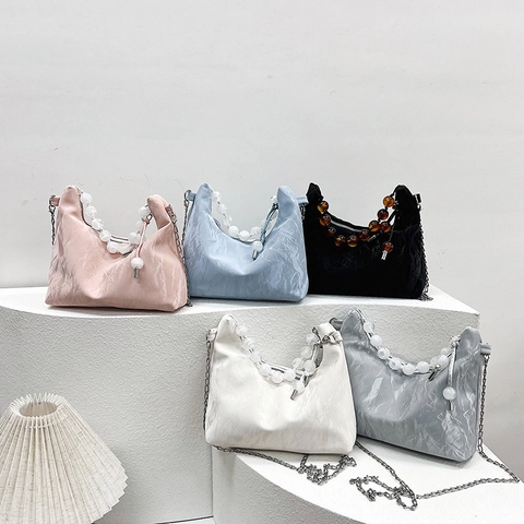 Borsa a Mano da Donna Pieghettata a Nuvola Stile Cinese con Manico in Perline Borsa a Tracolla in Pelle PU Hobo Daily Party
