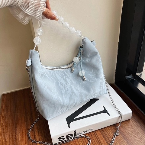 Borsa a Mano da Donna Pieghettata a Nuvola Stile Cinese con Manico in Perline Borsa a Tracolla in Pelle PU Hobo Daily Party