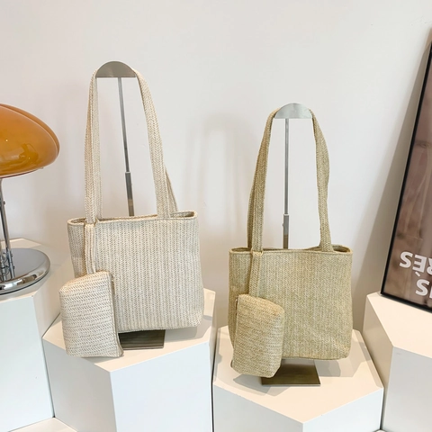 Women Casual Straw Woven Tote Bag Set Summer Beach Shoulder Bag With Small Pouch Large Capacity Commuter Handbag