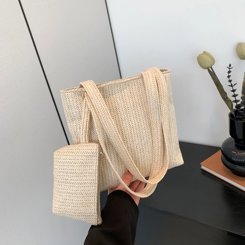 Women Casual Straw Woven Tote Bag Set Summer Beach Shoulder Bag With Small Pouch Large Capacity Commuter Handbag