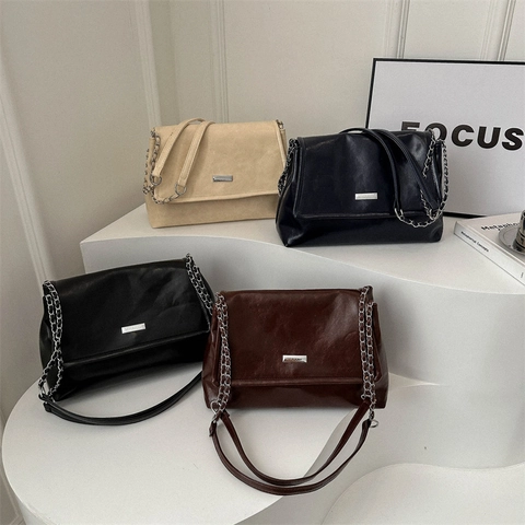 Women Urban Minimalist PU Leather Shoulder Bag Solid Color Chain Strap Large Capacity Tote Bag Trendy Flap Handbag Purse