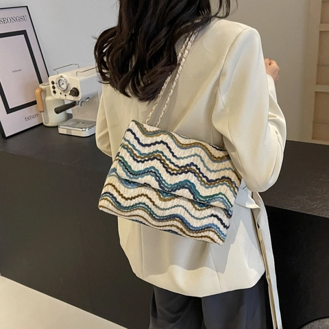Vintage Wellenmuster Chevron Gestrickte Schultertasche Für Damen Große Kapazität Metallkette Crossbody Tote Handtasche Reise Geldbörse