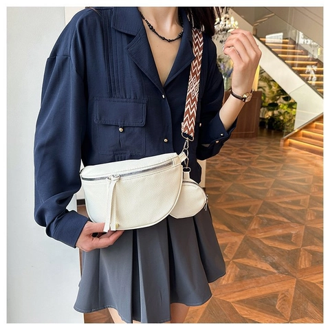 Juego de Bolso Bandolera de Media Luna de Cuero PU para Mujer Con Monedero Redondo Correa Geométrica Bolso de Pecho Moda