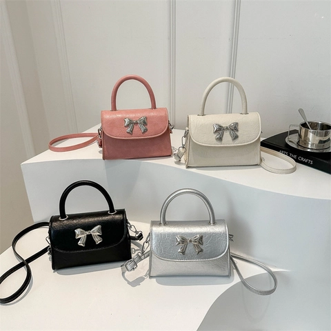 Women Fashion Bowknot Small Square Bag PU Leather Crinkled Texture Silver Metal Bow Shoulder Crossbody Bag Handbag For Daily
