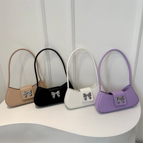 French Bow PU Leather Underarm Bag For Women Summer Fashion Baguette Shoulder Bag Casual Commuter Small Crossbody Bag
