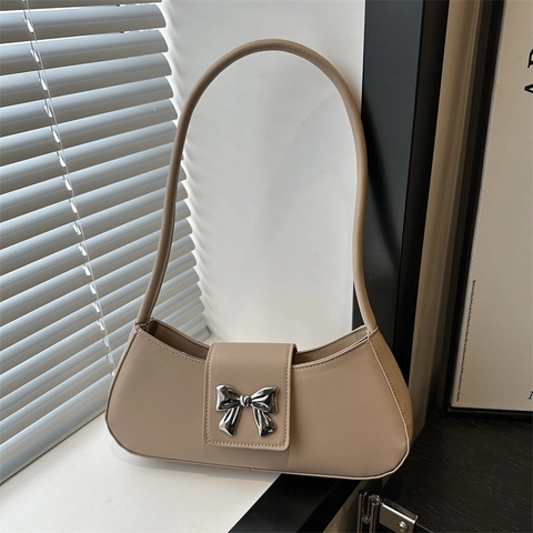 French Bow PU Leather Underarm Bag For Women Summer Fashion Baguette Shoulder Bag Casual Commuter Small Crossbody Bag