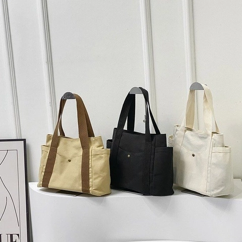 Einfache Canvas Tragetasche Große Kapazität Multi-Taschen Schultertasche Damen Pendeln Casual Schule Shopper Tasche Mit Reißverschluss