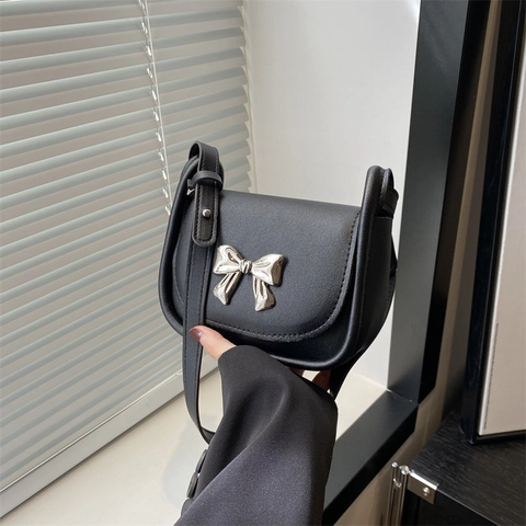 Sac Selle à Nœud Papillon Style Coréen en Cuir PU Petit Sac à Bandoulière Mode Sac à Main Mignon pour Femme Quotidienne