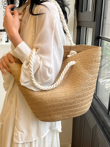 Borsa Tote in Paglia Intrecciata da Donna Grande Capacità Estate Spiaggia Borsa a Spalla Casual Con Manico in Corda Spessa Borsa da Viaggio
