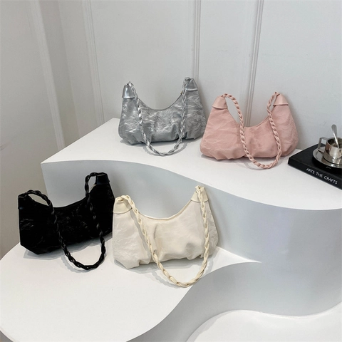 Women Ruched Cloud Underarm Bag PU Leather Minimalist Hobo Bag With Braided Handle Casual Daily Commute Shoulder Bag