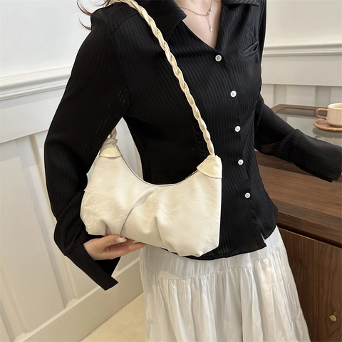Women Ruched Cloud Underarm Bag PU Leather Minimalist Hobo Bag With Braided Handle Casual Daily Commute Shoulder Bag