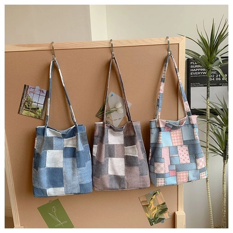 Damen Mode Kariert Segeltuch Tragetasche Große Kapazität Patchwork Schultertasche Retro Freizeit Handtasche Achseltasche