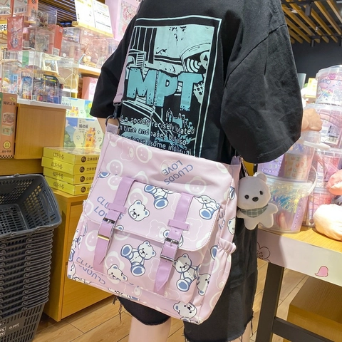Sac Fourre-tout en Nylon Imprimé Ours de Dessin Animé Style Coréen pour Femmes Étudiants Grande Capacité Harajuku École
